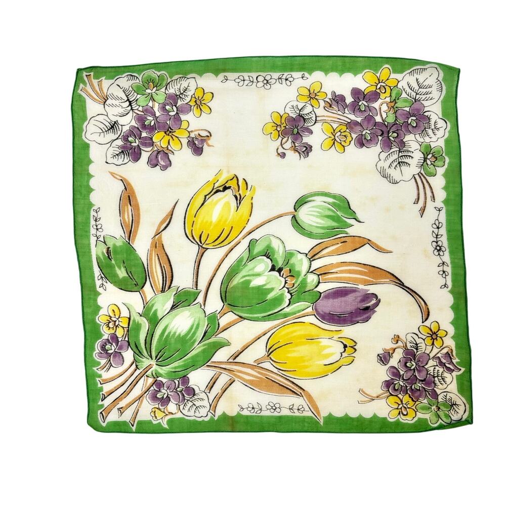 Vintage 1940s Cotton Handkerchief Green Border Yellow Purple Tulip Floral Hanky